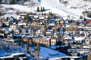 Vacation homes crowded on the hillside in the downtown Park City ski area during winter in Park City Utah