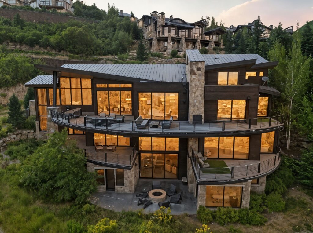 star gazer at sunset with views of the mountains of Deer Valley behind it