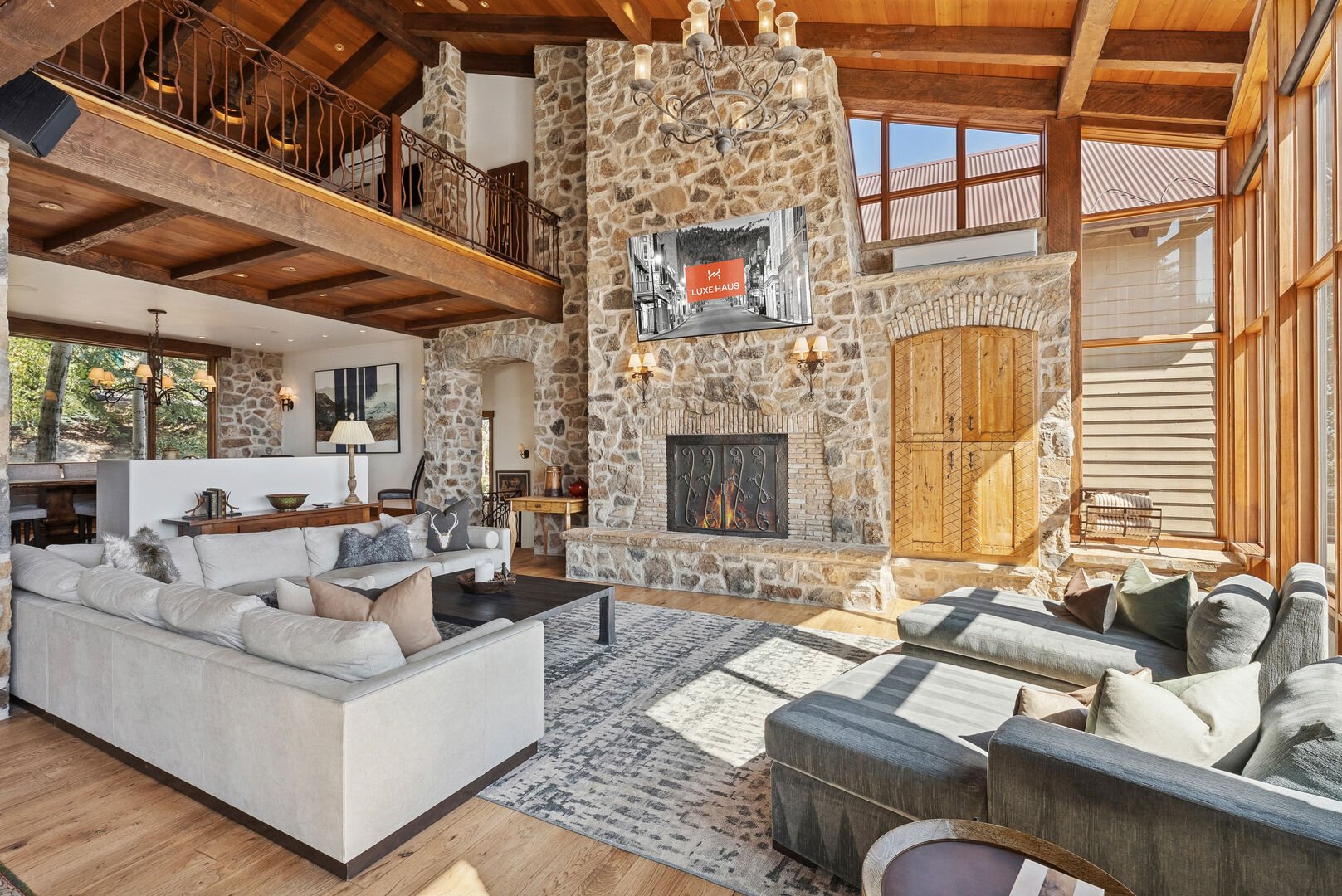 The living room at Snow Pine in Deer Crest managed by Luxe Haus