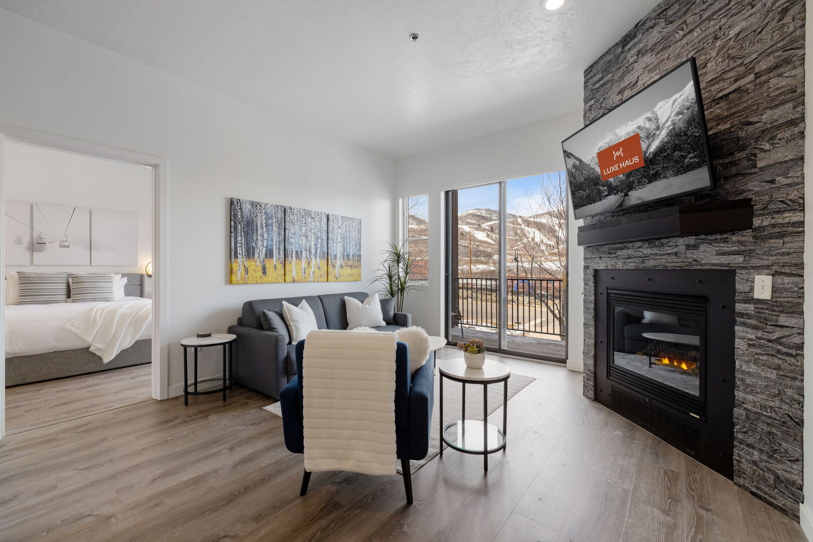 The living room at The Mason 1067 with views of deer valley resort