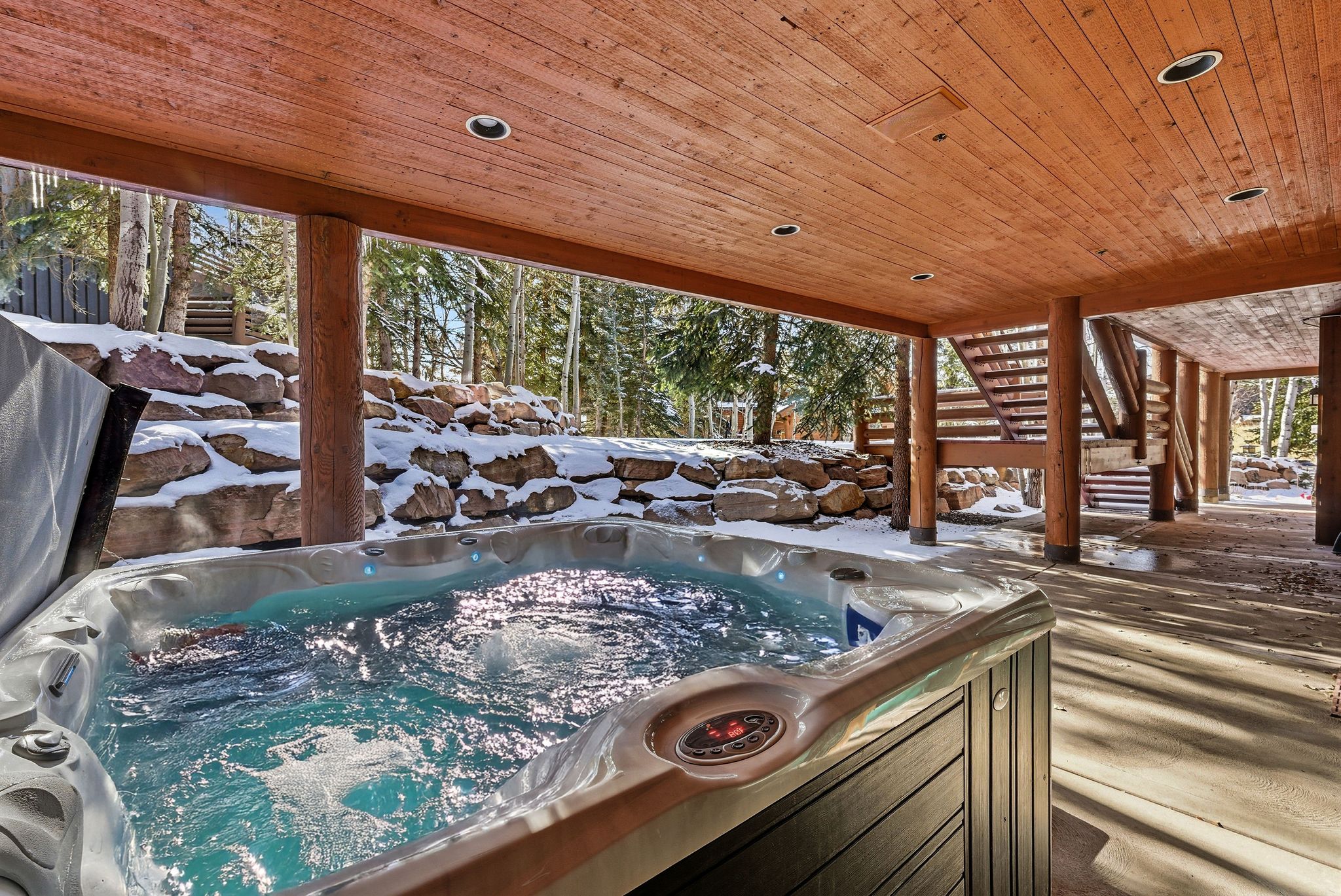 Forested views from the hot tub at Sun Ridge in Park City