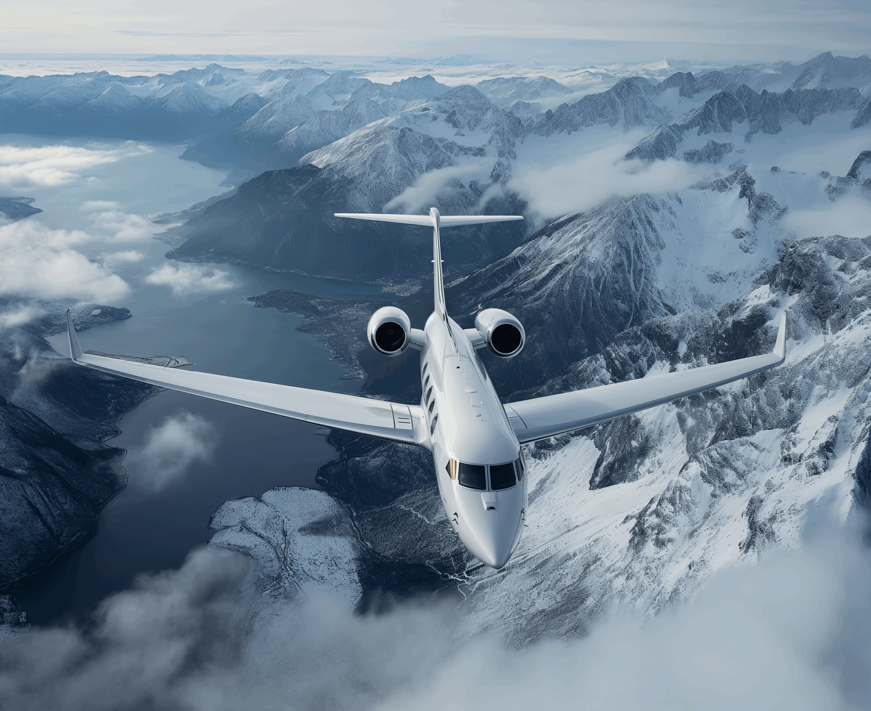 snowy mountains with jet flying over