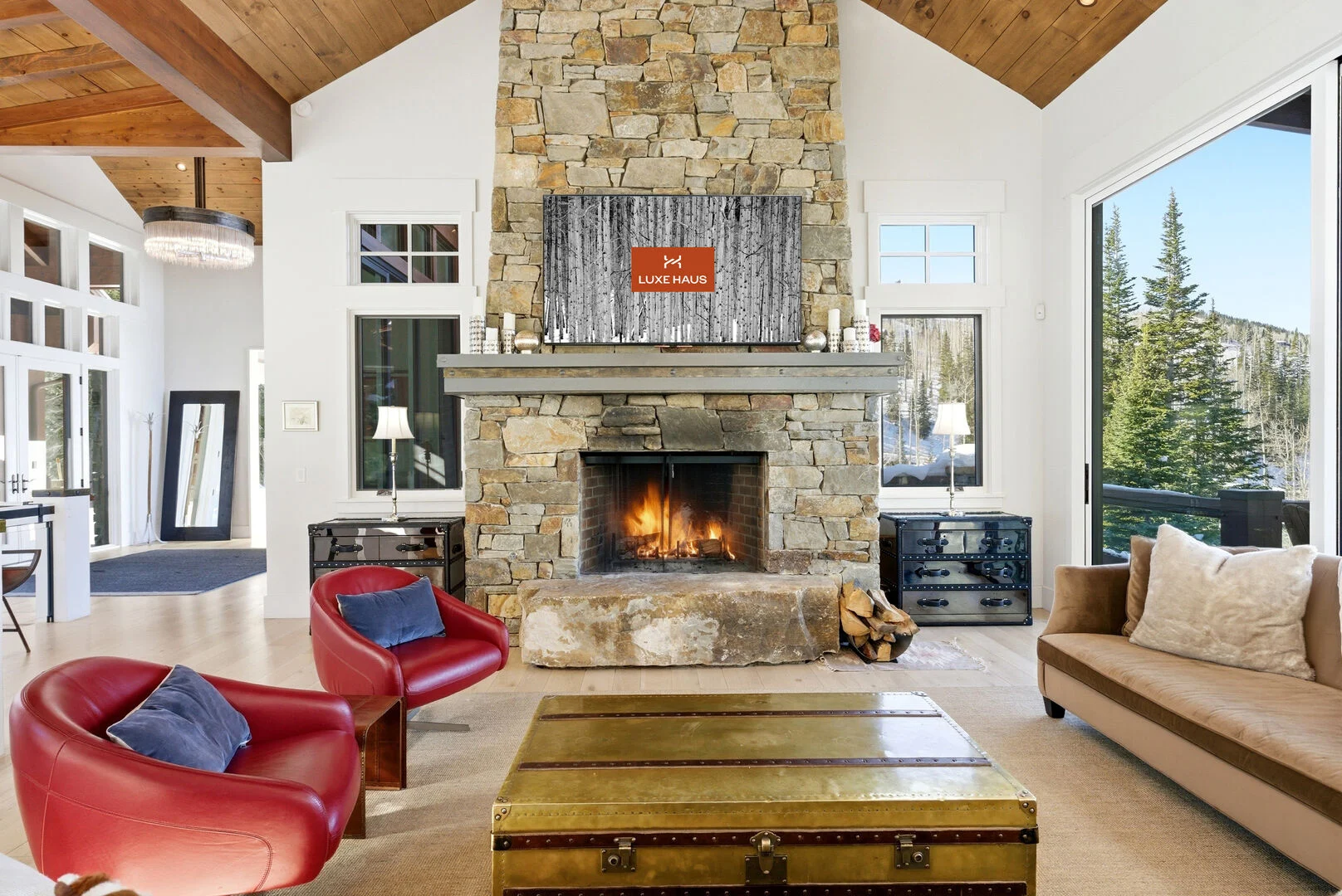 The warm and cozy living room at Snow Dance in Park City