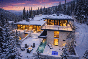 Mountain retreat at twilight with fire pit in Park City
