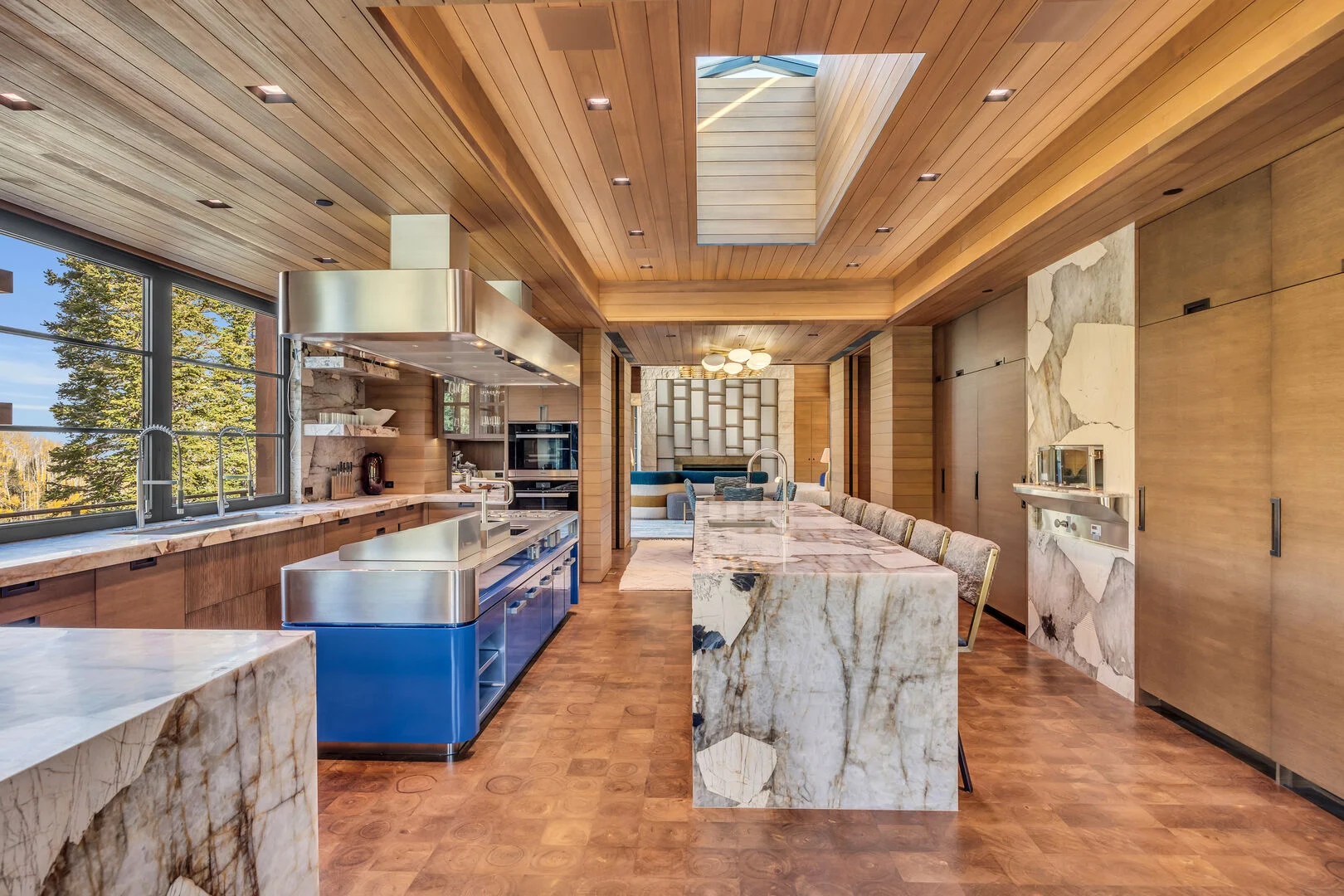 The chef's kitchen with views of the Wasatch mountains