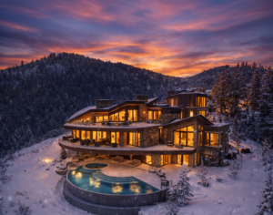 Mountainhead at sunset in winter with deer valley mountains in the background and home glowing from inside