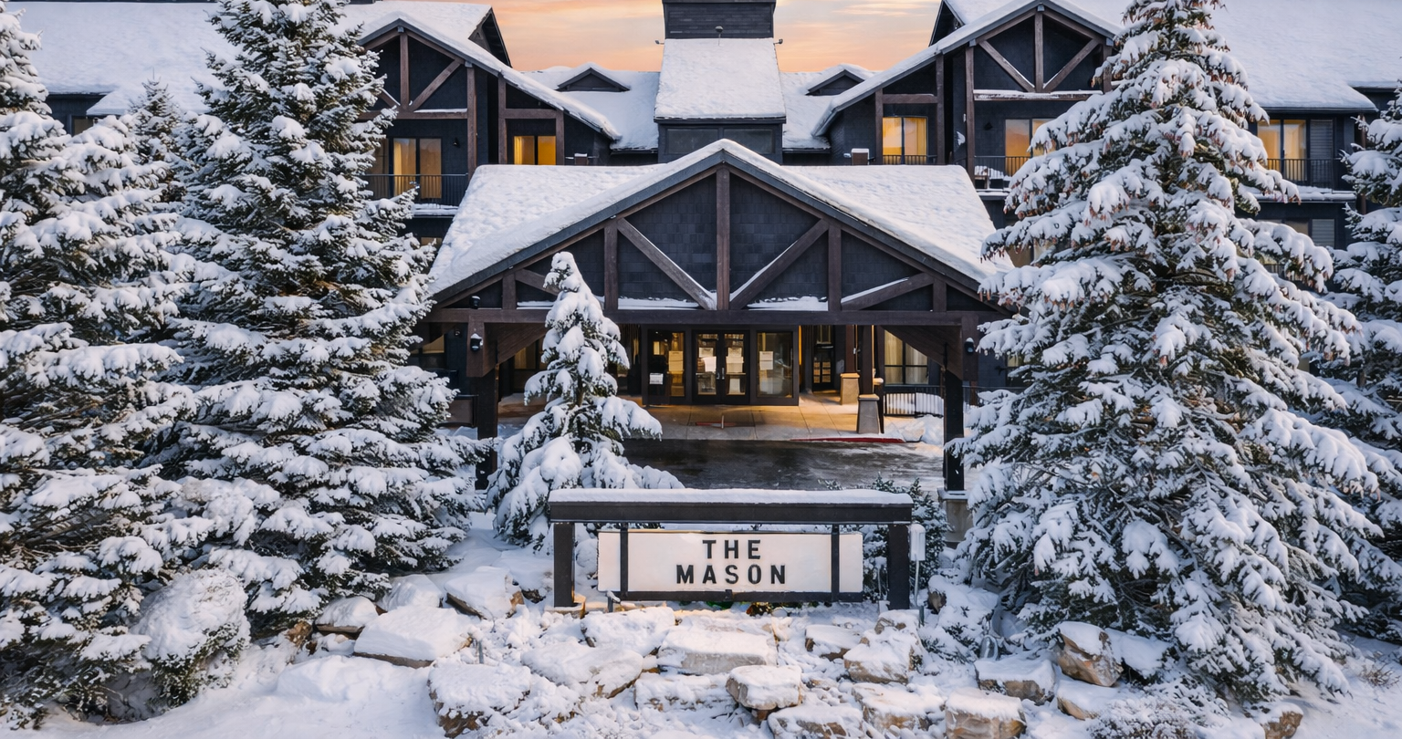 The Mason at Deer Valley at sunset covered in snow