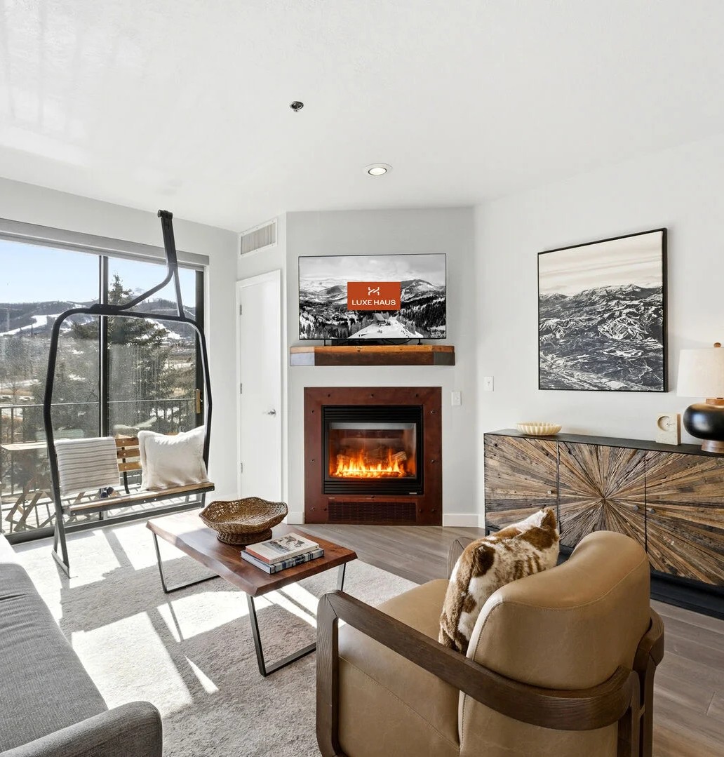 the designer living room of a luxury vacation rental condo at The Mason in Deer Valley